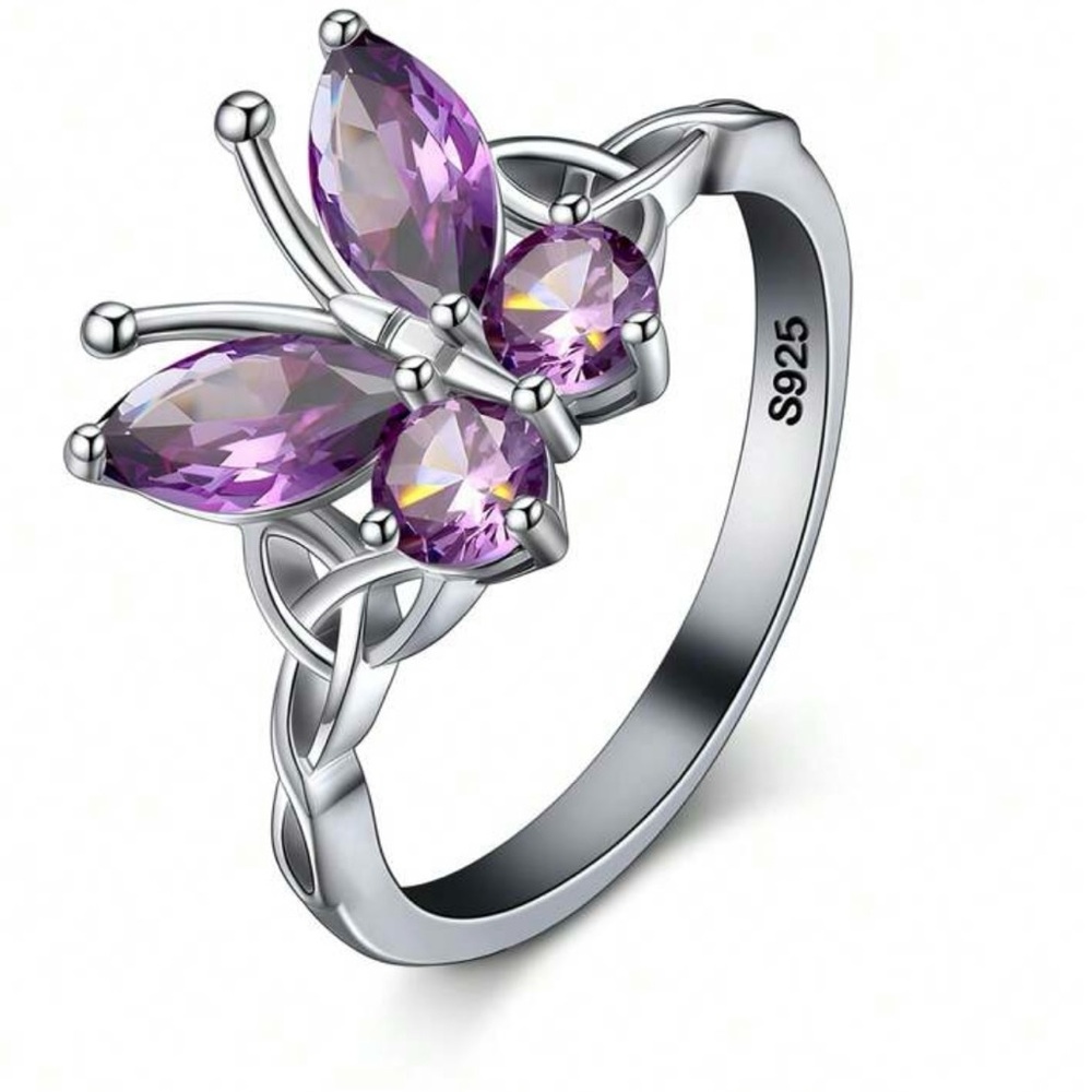 New Elegant Sterling Silver S 925 Butterfly Ring with Purple Accents Size 8